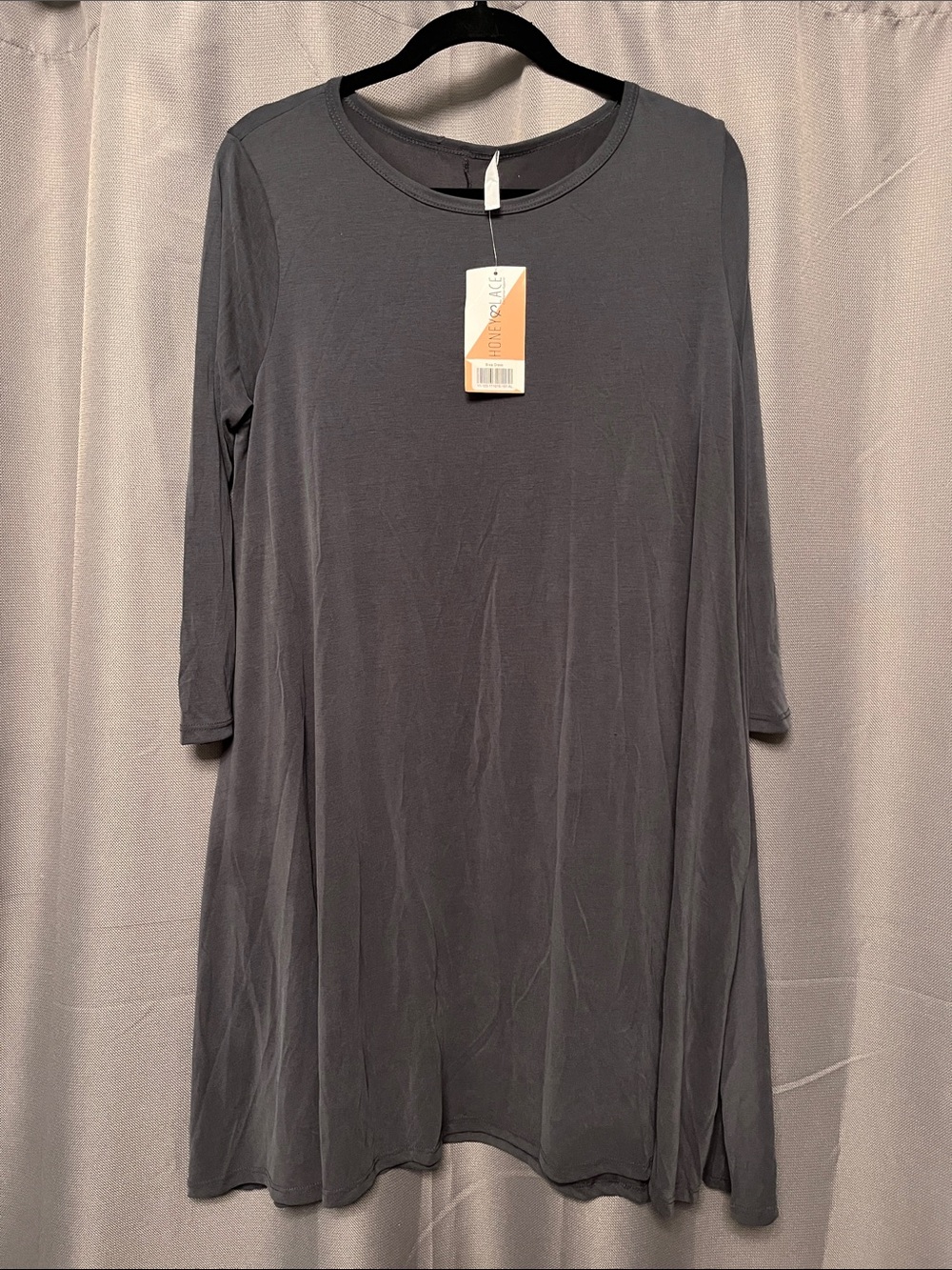 Honey and Lace Charcoal Grey Midi Swing Dress with Three-Quarter Sleeves